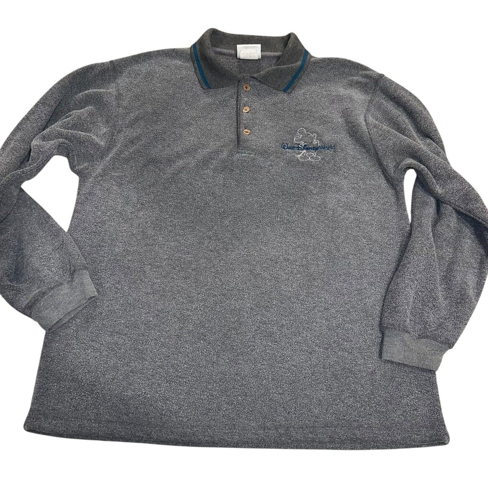 Walt Disney World Men’s Gray Fleece Long Sleeve Polo Embroidered Mickey Mouse Lg